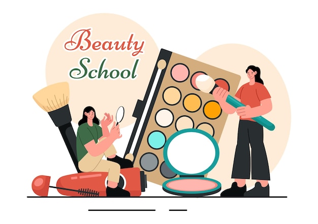 Beauty and Makeup School Vector Illustration featuring Various Cosmetic Products and Beautiful Girls Learning to Apply Make up in a Background