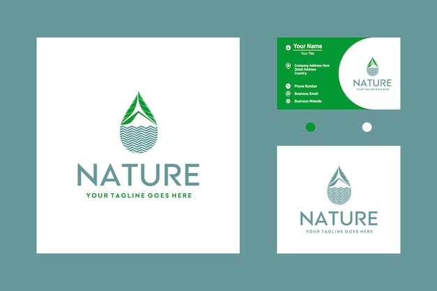 Beauty Nature Drop Water with Sea Water Mountain and Green Leaf Icon Logo Design Vector Inspiration
