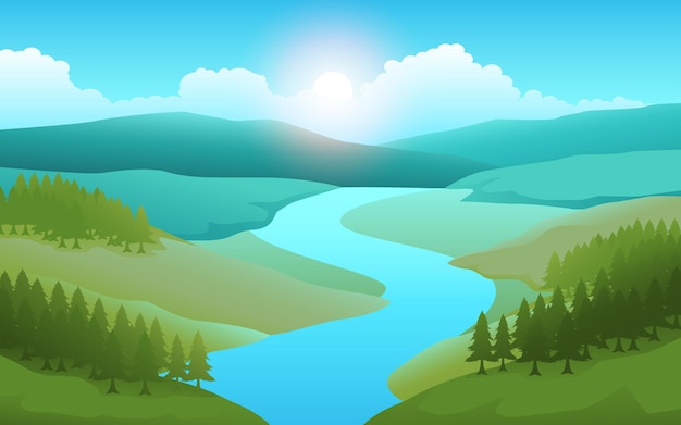 Vettore bellezza della natura con questa illustrazione raffigurante un paesaggio montano. il tranquillo fiume che si snoda tra le imponenti vette crea un'accattivante scena di tranquillità