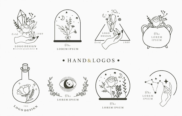 Красота оккультный логотип коллекции с рукой, геометрические, кристалл, луна, глаз, звезда.