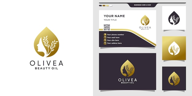 Логотип оливкового масла красоты с лицом женщины и дизайн визитной карточки