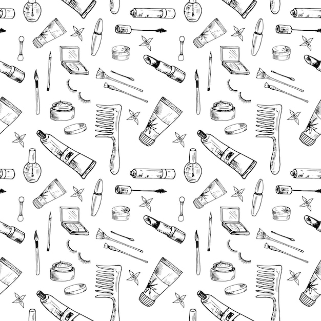 Beauty pattern. hand drawn beauty, makeup and cosmetics icons and objects. seamless vector backdrop. sketch design elements. isolated vector illustrations on a white background.