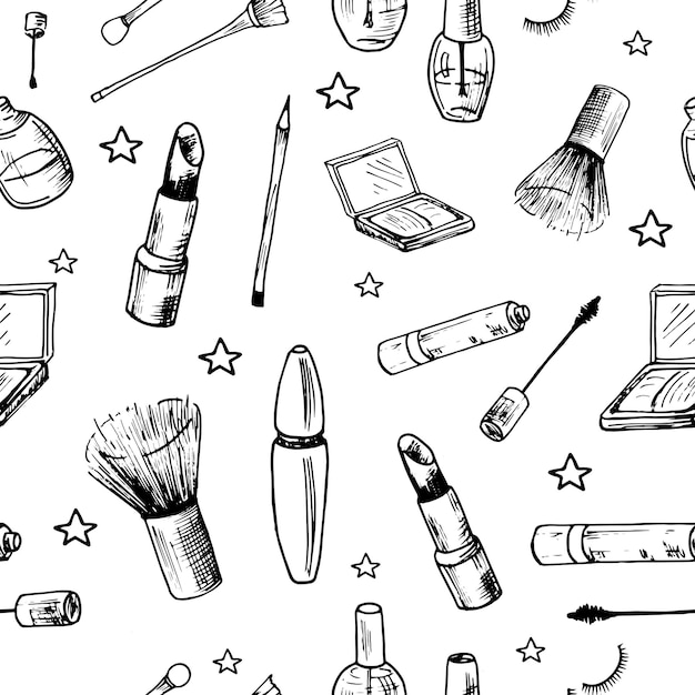Beauty pattern. Hand drawn beauty, makeup and cosmetics icons and objects. Seamless vector backdrop. Sketch design elements. Isolated vector illustrations on a white background.