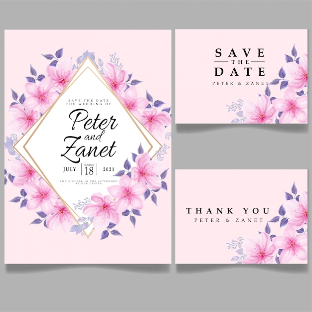 beauty pink watercolor wedding event invitation card blossom floral editable template