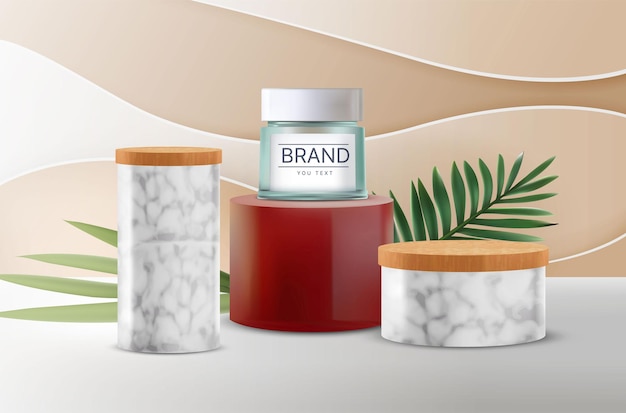 Pubblicità di prodotti di bellezza cosmetici realistici e cura della pelle con foglie elementi naturali piedistallo e sovrapposizione di ombre illustrazione di promozione vettoriale design eleganti banner cosmetici per donna