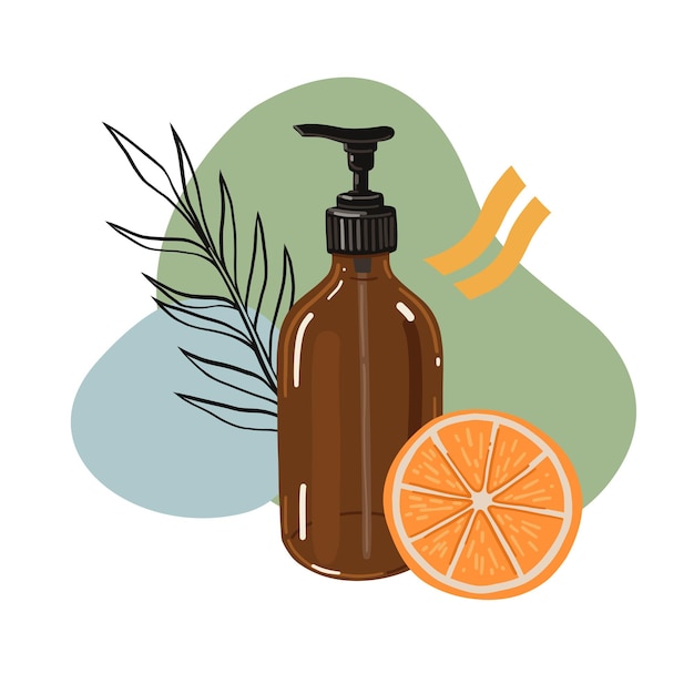 Beauty product illustration. Brown glass pump bottle with orange scented lotion.