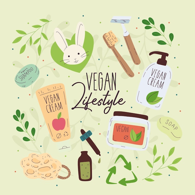 Beauty related vegan products Recyclable products Vegan lifestyle Vector