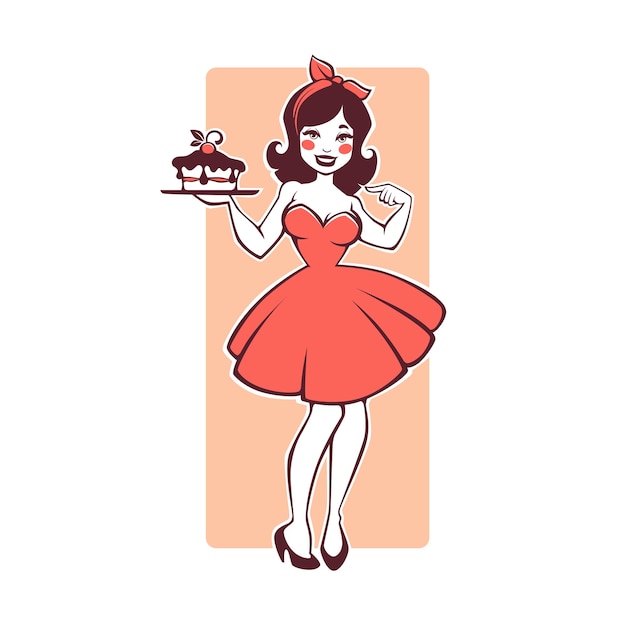 Ragazza del fumetto del pinup retrò bellezza che tiene una deliziosa torta gustosa