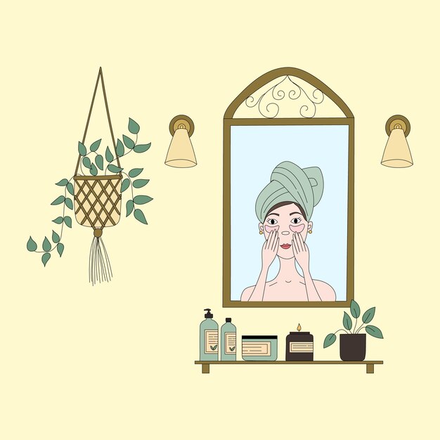beauty routine. face and body skin care concept. woman looking at herself in the mirror.
