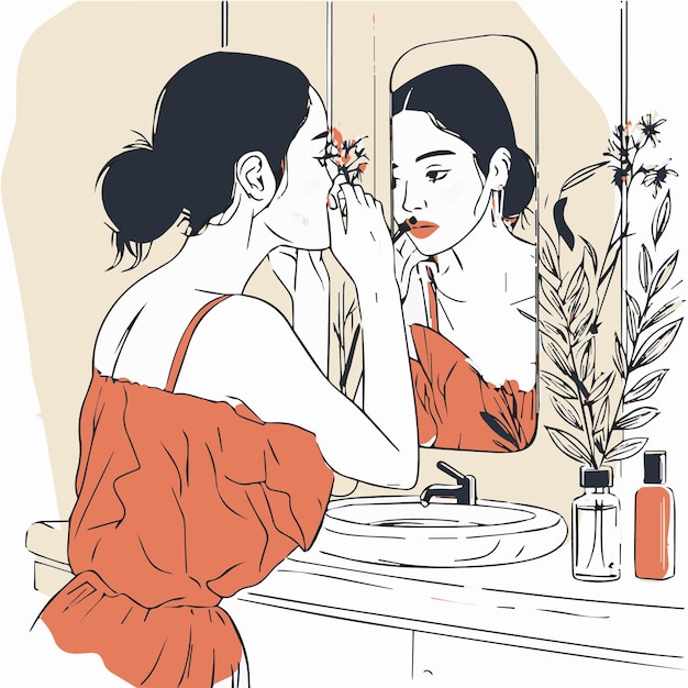 Vector beauty routine woman illustration female illustration applying makeup