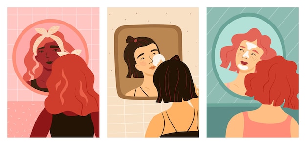 美容ルーチン 鏡を見ている女性 浴室の洗顔手順 スキンケアと若さの維持 ホームスパやメイクアップ 保湿剤やフェイシャルマスクを適用する若い女性 ベクトルポスターセット