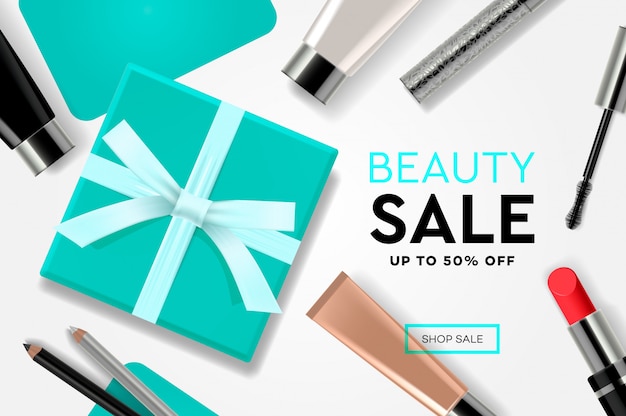 Beauty sale-sjabloon met cosmetische producten, geschenkdozen, streamers voor advertenties. modern ontwerpconcept voor website- en mobiele website-ontwikkeling.