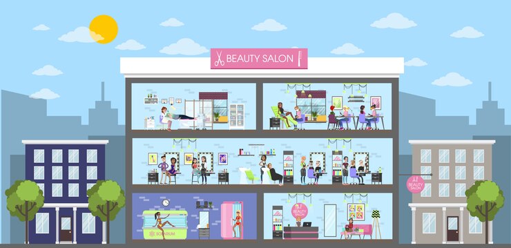 Vector beauty salon interior building in city. urban landscape.