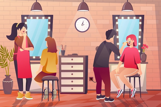 Beauty salon interior concept in flat cartoon design beautician makes makeup to female client