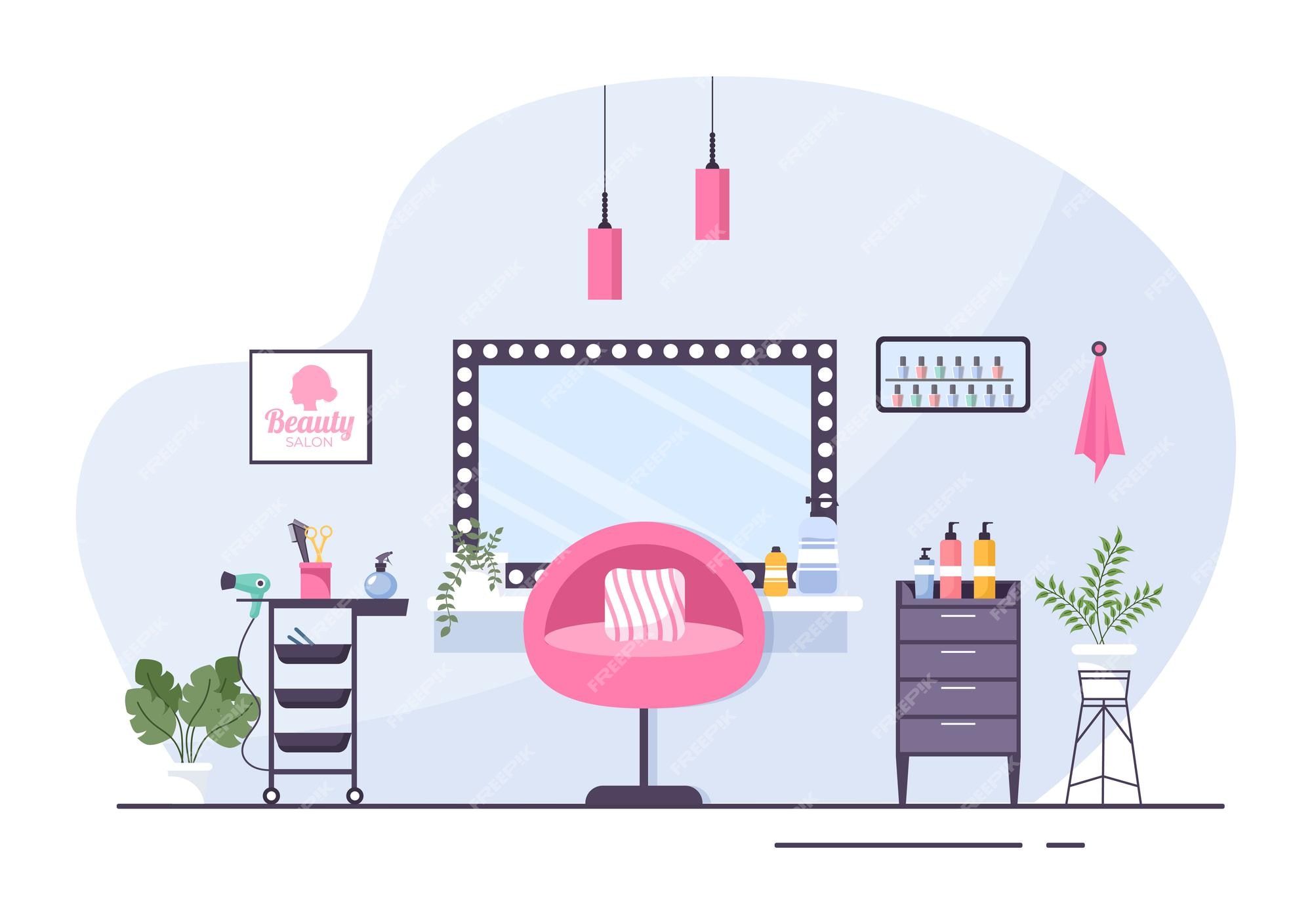 Premium Vector | Beauty salon interior flat design illustration there is  furniture, table, chairs, bathtub, mirror or hairdryer for washing,  manicure pedicure, cutting hair and make up