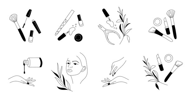 Vector beauty salon logo nail makeup or hairdressing studio eyelash extension logotype different equipment line hand and woman face black silhouette various cosmetics vector isolated emblem set