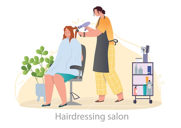 beauty salon for women concept hairdresser dries client hair with dryer professional care and