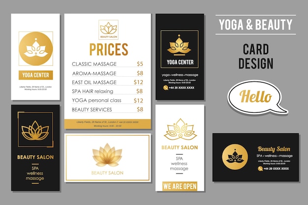 Beauty Salon and Yoga business cards design Vector golden card template set