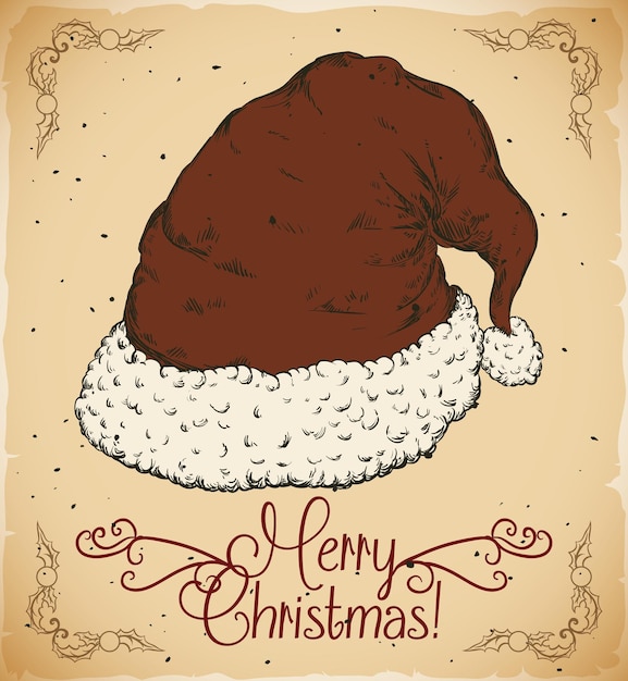 Beauty Santa's hat in hand drawn style with greeting message in retro poster