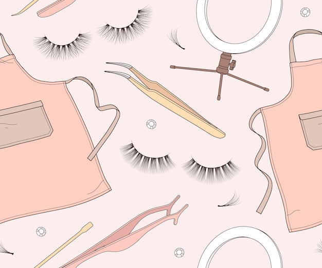 Vector beauty seamless pattern with eyelash extension tools