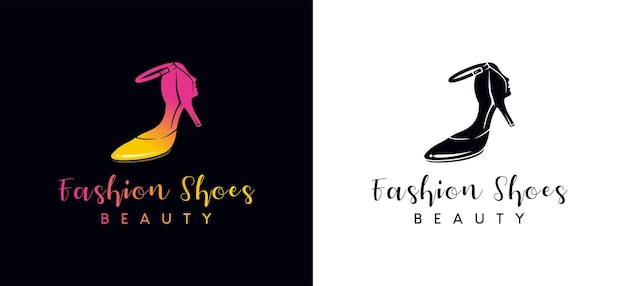 Beauty shoe fashion logo-ontwerp met het concept van dameshakken gecombineerd met het gezicht van een vrouw