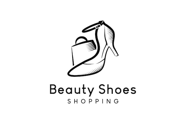 Scarpe di bellezza e design del logo della borsa della spesa in stile disegnato a mano