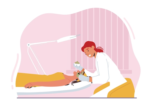 beauty, skincare or wellness. female character applying facial mask procedure in spa salon. doctor processing woman face