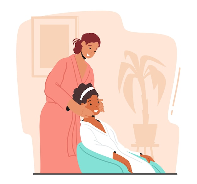 Beauty, skincare, wellness treatment. female character applying facial procedure at home. girlfriend processing woman face with natural cosmetics, cosmetology. cartoon people vector illustration