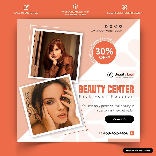 Beauty and Spa Instagram пост веб-баннер шаблон вектор Premium