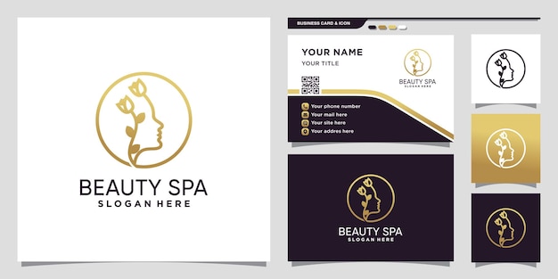 Logo di bellezza e spa con stile al tratto e design di biglietti da visita vettore premium