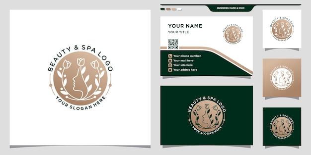 Beauty spa vrouw gezicht logo met negatief ruimteconcept en visitekaartjeontwerp Premium Vector