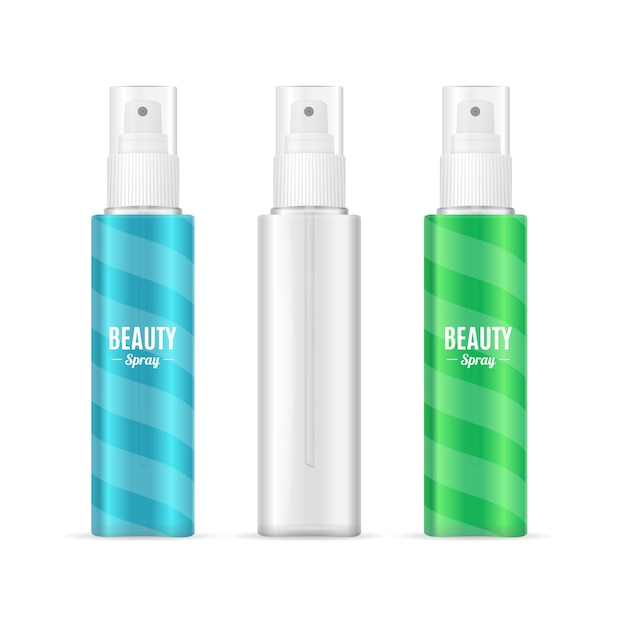 Vettore set di pacchetti di bombolette spray di bellezza. bottiglia cosmetica realistica. illustrazione vettoriale