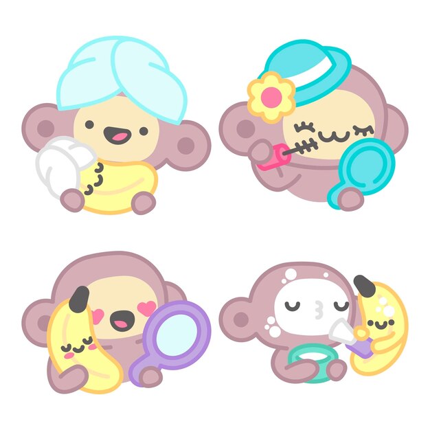 Beauty stickers collection with monkey and banana