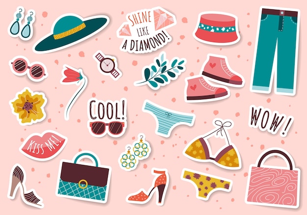 Beauty stickers voor vrouwen Set met kleding schoenen accessoires ondergoed slogans Vector