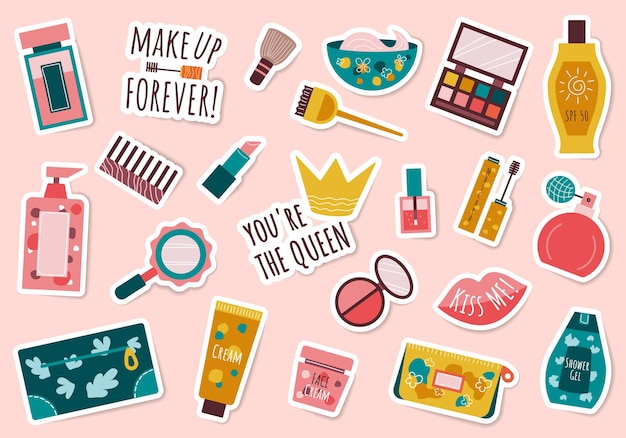 Beauty stickers for women Set with beauty products cosmetics makeup slogans Cartoon vector