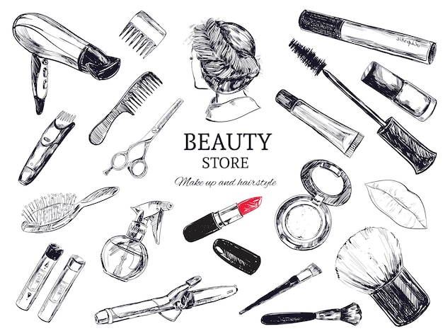 Vector beauty store background with hairdressing objects