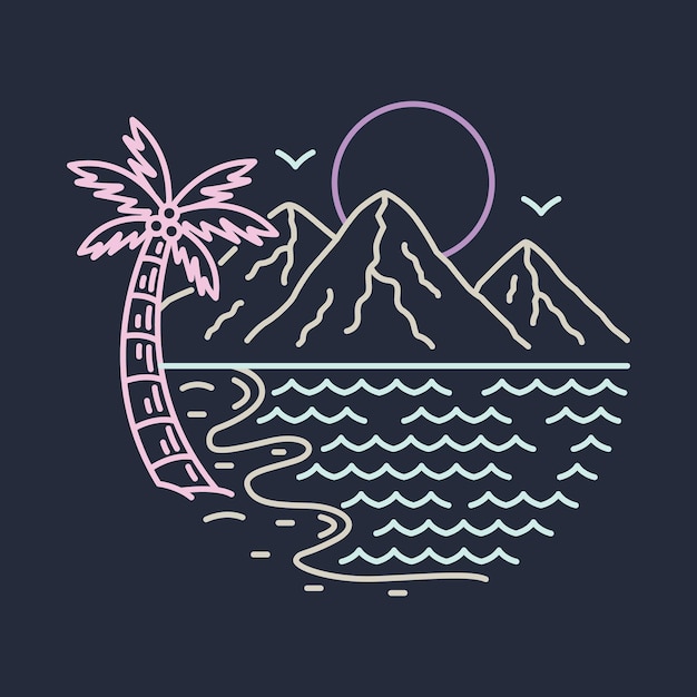 夏の山とビーチのビュービューグラフィックイラストベクトルアートtシャツデザイン