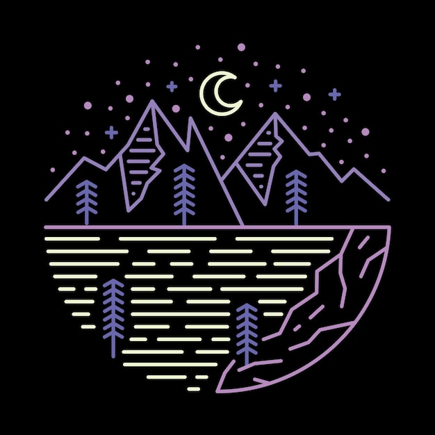 강과 산 그래픽 일러스트 벡터 아트 Tshirt 디자인으로 밤의 아름다움 보기