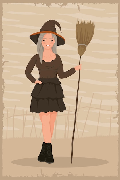 Beauty witch with broom scene