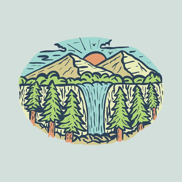 Красота с водопадом красочная рисованная графическая иллюстрация арт дизайн футболки