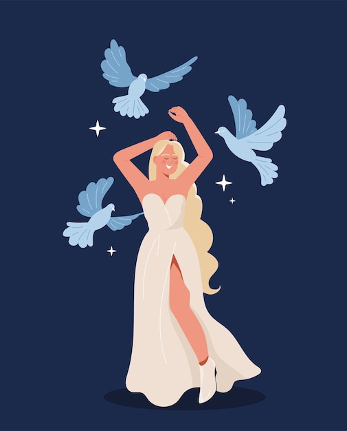 Vector beauty woman and birds