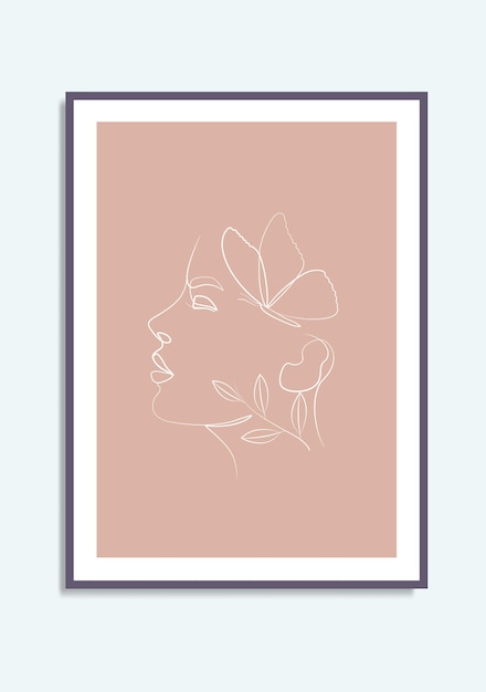 Beauty woman and butterfly leaves line art natural wall art canvas poster