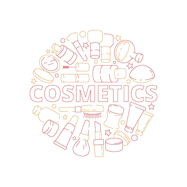 Vector beauty woman cosmetic items in circle shape eyeshadow lipstick cream nail polish vector design concept