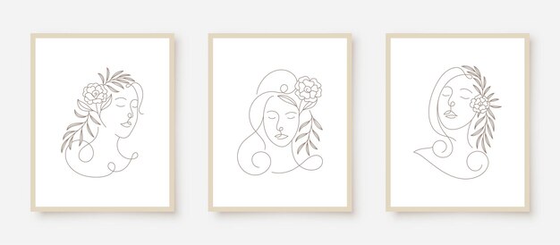 Beauty woman faces in line art floral frame