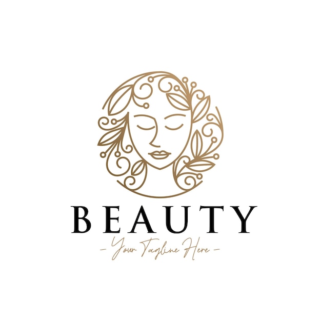 Beauty woman head feminine line art with floral natural gold logo