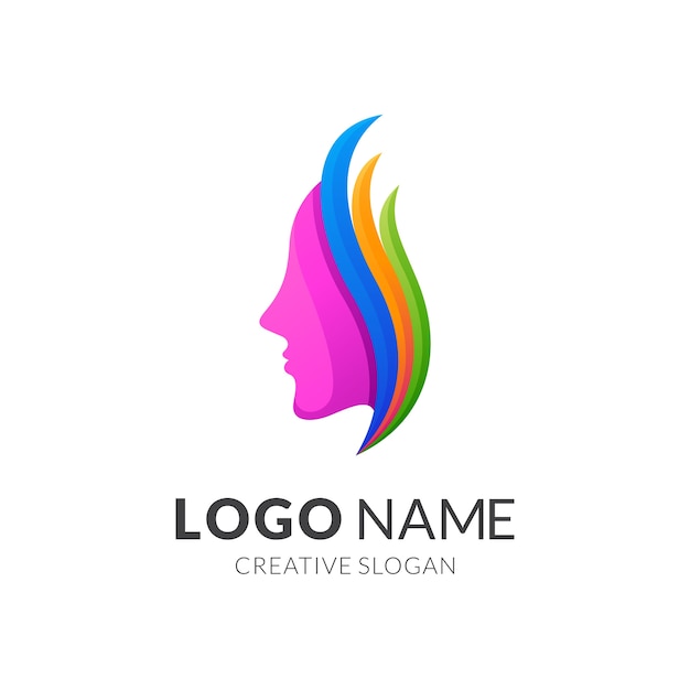 beauty woman and leaf logo template, modern  logo style in gradient vibrant colors