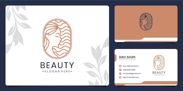 Beauty woman monoline luxury logo design for spa and salon with business card template