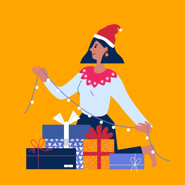 Beauty woman wearing christmas hat and sweater holding garland in hand looking happy surprised with smile merry christmas happy new year gifts boxes bows winter holidays xmas greetings