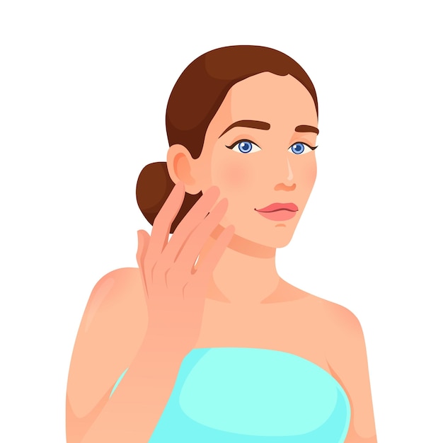 白い背景に隔離されたベクトルイラストで,カートゥーンスタイルのきれいな肌のケアを持つ美しい女性