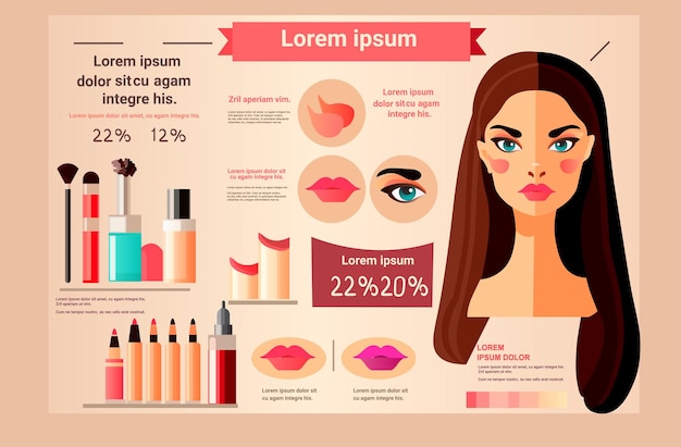 Bellezza donna con trucco perfetto bella trucco professionale salone prodotti infografica make up concetto di moda ritratto orizzontale copia spazio illustrazione vettoriale